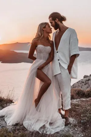 Luolandi Romantic A-Line Sweetheart Ivory Tulle Beach Wedding Dresses with Slit Off Shoulder