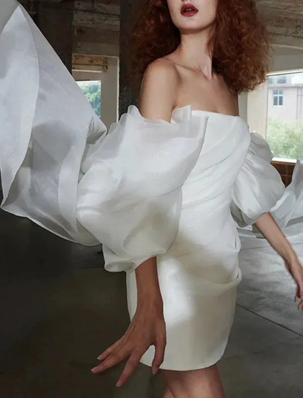 Luolandi Sheath / Column Homecoming Dresses Little White Dress Party Wear Cocktail Party Short / Mini Half Sleeve Off Shoulder Tulle with Bow(s) Wedding Dress