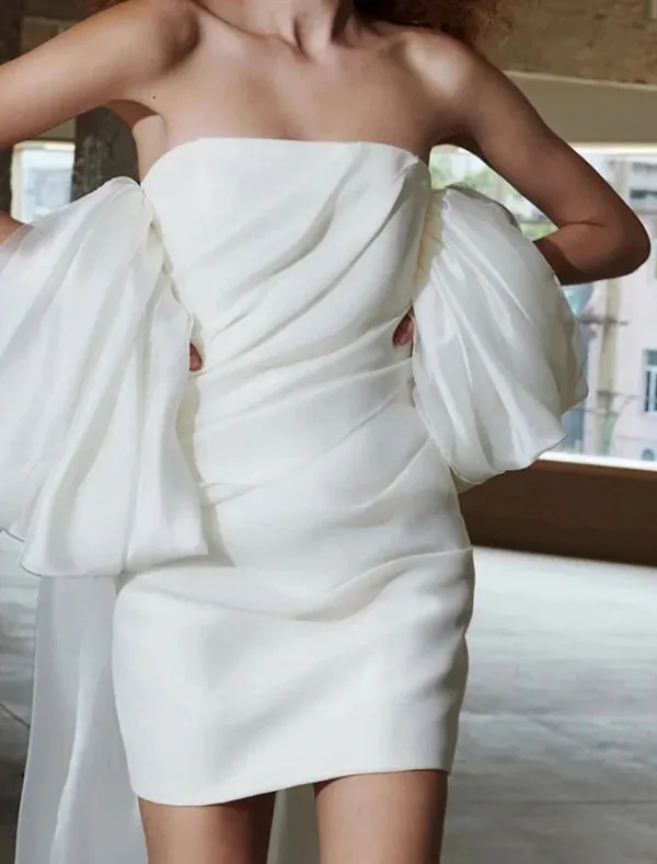 Luolandi Sheath / Column Homecoming Dresses Little White Dress Party Wear Cocktail Party Short / Mini Half Sleeve Off Shoulder Tulle with Bow(s) Wedding Dress