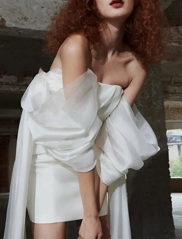 Luolandi Sheath / Column Homecoming Dresses Little White Dress Party Wear Cocktail Party Short / Mini Half Sleeve Off Shoulder Tulle with Bow(s) Wedding Dress