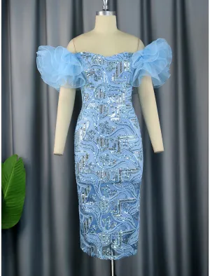 Luolandi Sheath / Column Party Dresses Floral Dress Cocktail Party Tea Length Sleeveless Off Shoulder Sequined