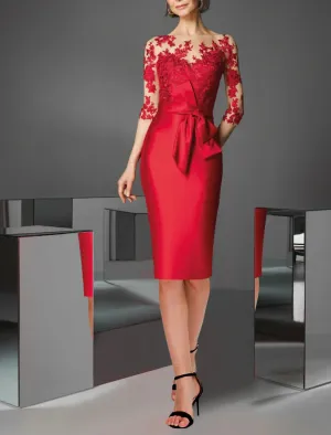 Luolandi Sheath Red Green Dress Cocktail Dresses Knee Length 3/4 Length Sleeve Off Shoulder Fall Wedding Guest Satin with Appliques Mother of the Bride Dress