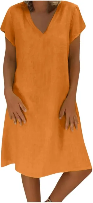 maisdgop Dresses for Women 2024 Casual Summer T Shirt Dress Loose V-Neck Solid Color Basic Dresses Short Sleeve Tunic Dress