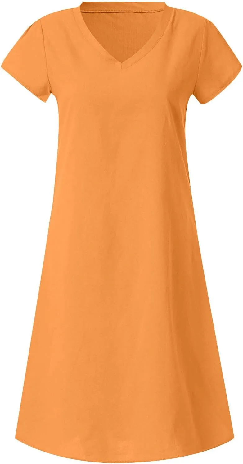 maisdgop Dresses for Women 2024 Casual Summer T Shirt Dress Loose V-Neck Solid Color Basic Dresses Short Sleeve Tunic Dress