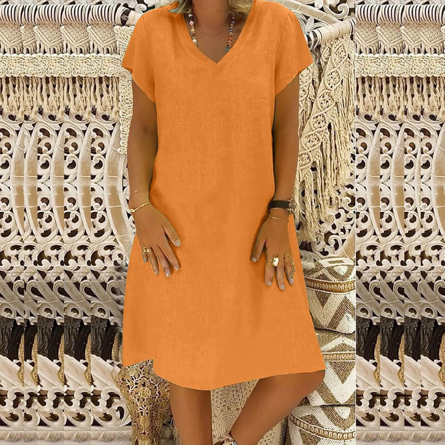 maisdgop Dresses for Women 2024 Casual Summer T Shirt Dress Loose V-Neck Solid Color Basic Dresses Short Sleeve Tunic Dress