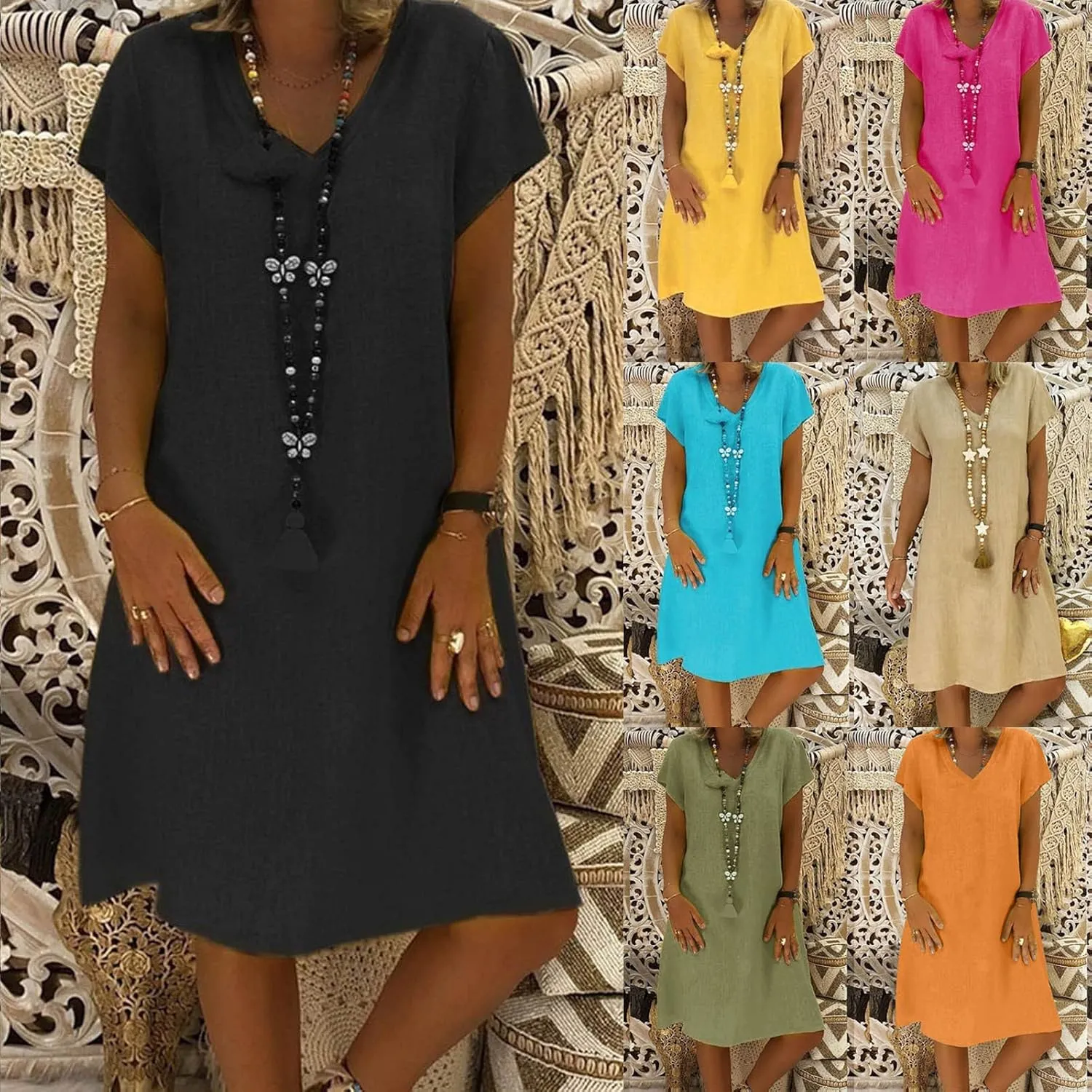 maisdgop Dresses for Women 2024 Casual Summer T Shirt Dress Loose V-Neck Solid Color Basic Dresses Short Sleeve Tunic Dress