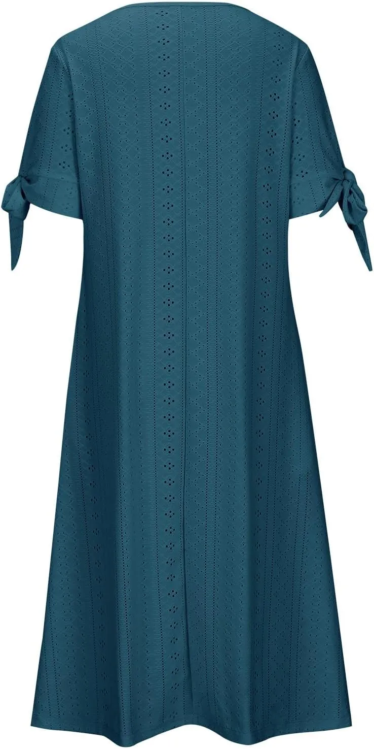maisdgop Dresses for Women 2024 Trendy Eyelet Boho Beach Dress Loose V Neck Button A-Line Dresses Loose Sundress with Pocket