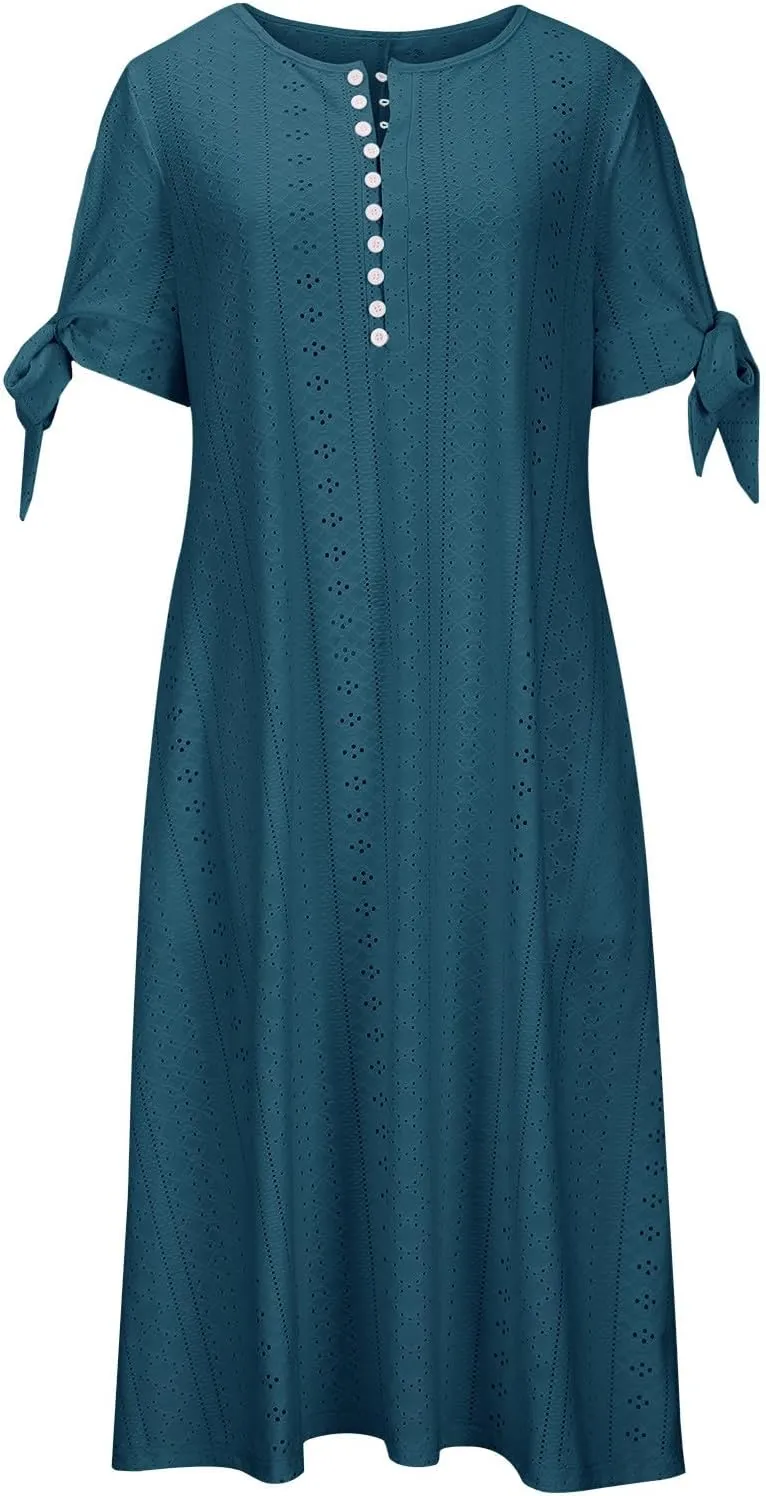 maisdgop Dresses for Women 2024 Trendy Eyelet Boho Beach Dress Loose V Neck Button A-Line Dresses Loose Sundress with Pocket