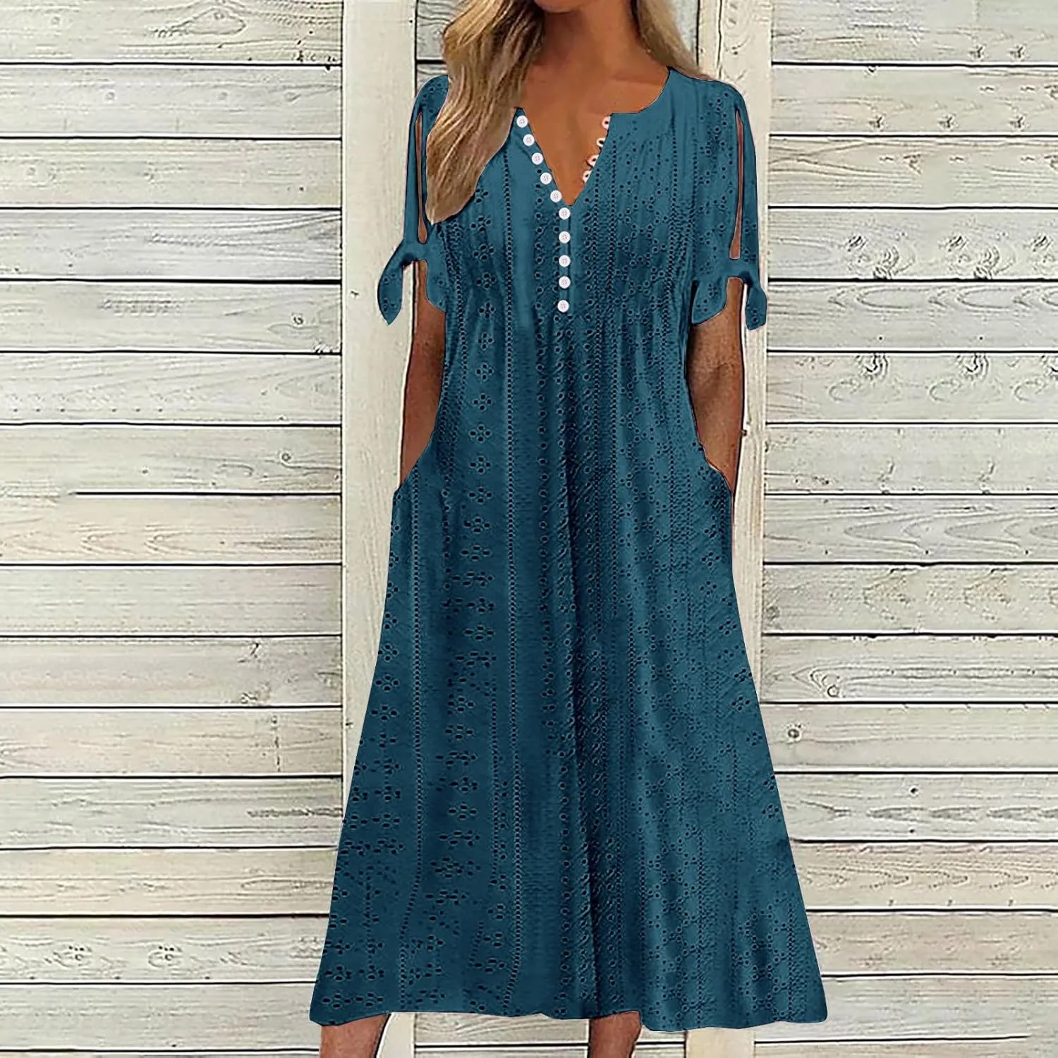 maisdgop Dresses for Women 2024 Trendy Eyelet Boho Beach Dress Loose V Neck Button A-Line Dresses Loose Sundress with Pocket