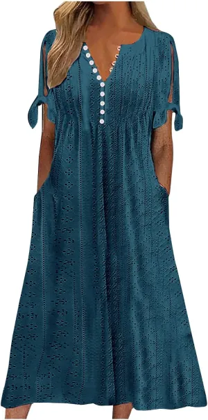 maisdgop Dresses for Women 2024 Trendy Eyelet Boho Beach Dress Loose V Neck Button A-Line Dresses Loose Sundress with Pocket