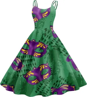 Mardi Gras Dress for Women Carnival Print Sexy Spaghetti Strap Cocktail Punk Vintage A-Line Swing Midi Dresses