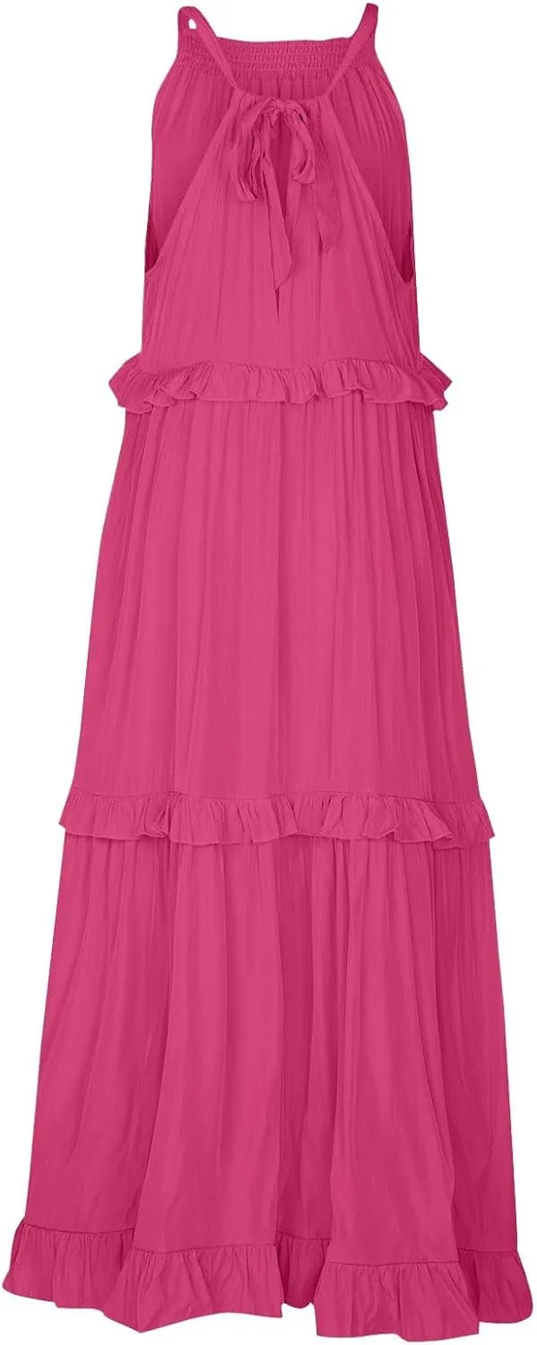 Maxi Dresses for Women 2025 Vacation Halter Neck Tie Sleeveless Tiered Ruffle Dress Babydoll Loose Swing Beach Sundress