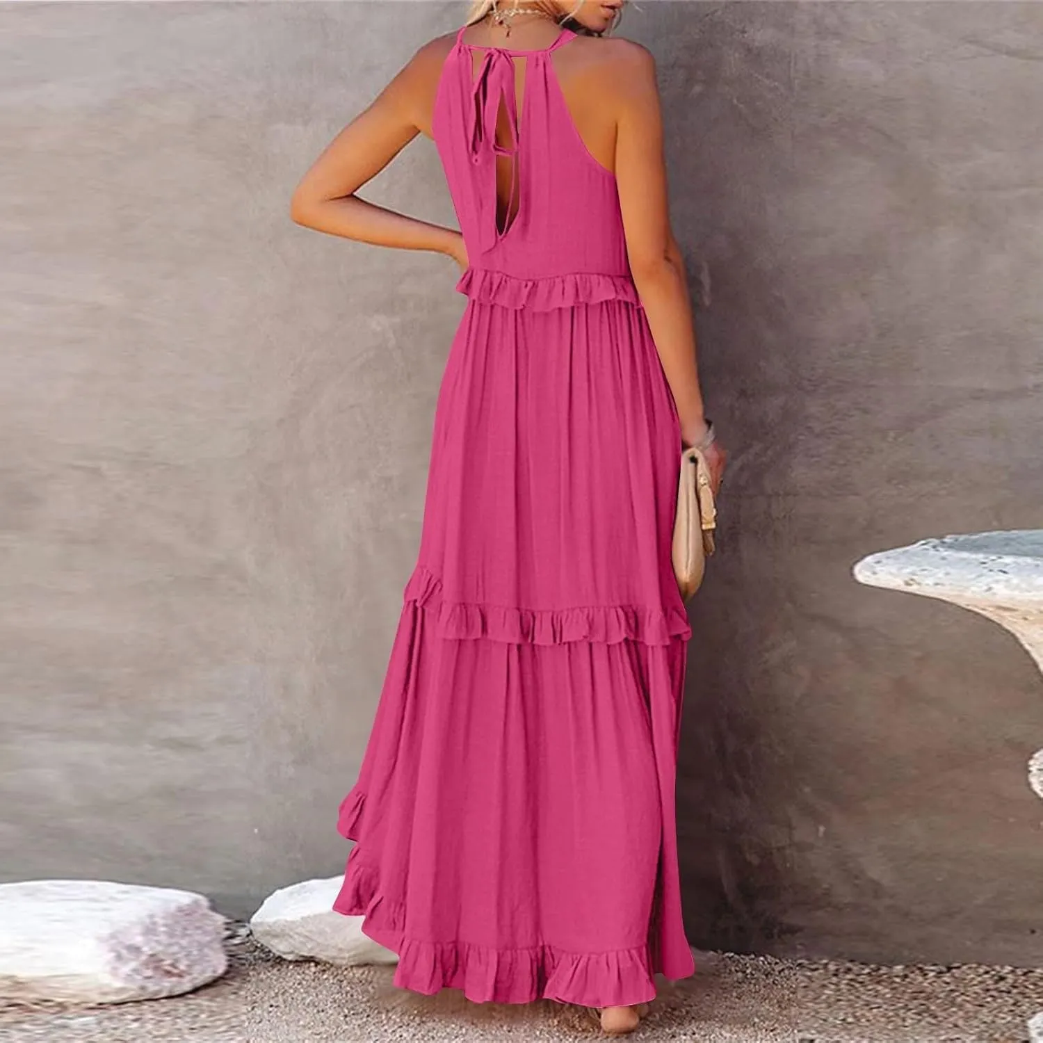Maxi Dresses for Women 2025 Vacation Halter Neck Tie Sleeveless Tiered Ruffle Dress Babydoll Loose Swing Beach Sundress