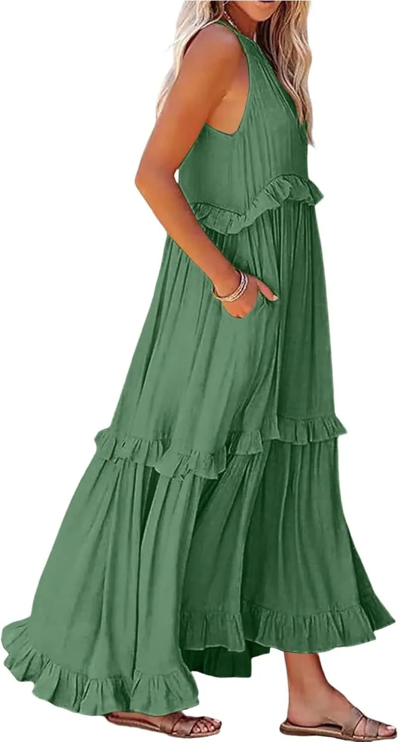 Maxi Dresses for Women 2025 Vacation Halter Neck Tie Sleeveless Tiered Ruffle Dress Babydoll Loose Swing Beach Sundress