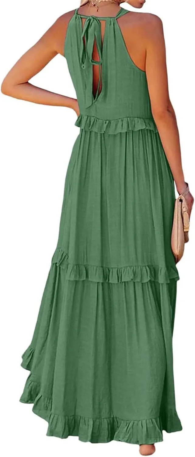 Maxi Dresses for Women 2025 Vacation Halter Neck Tie Sleeveless Tiered Ruffle Dress Babydoll Loose Swing Beach Sundress