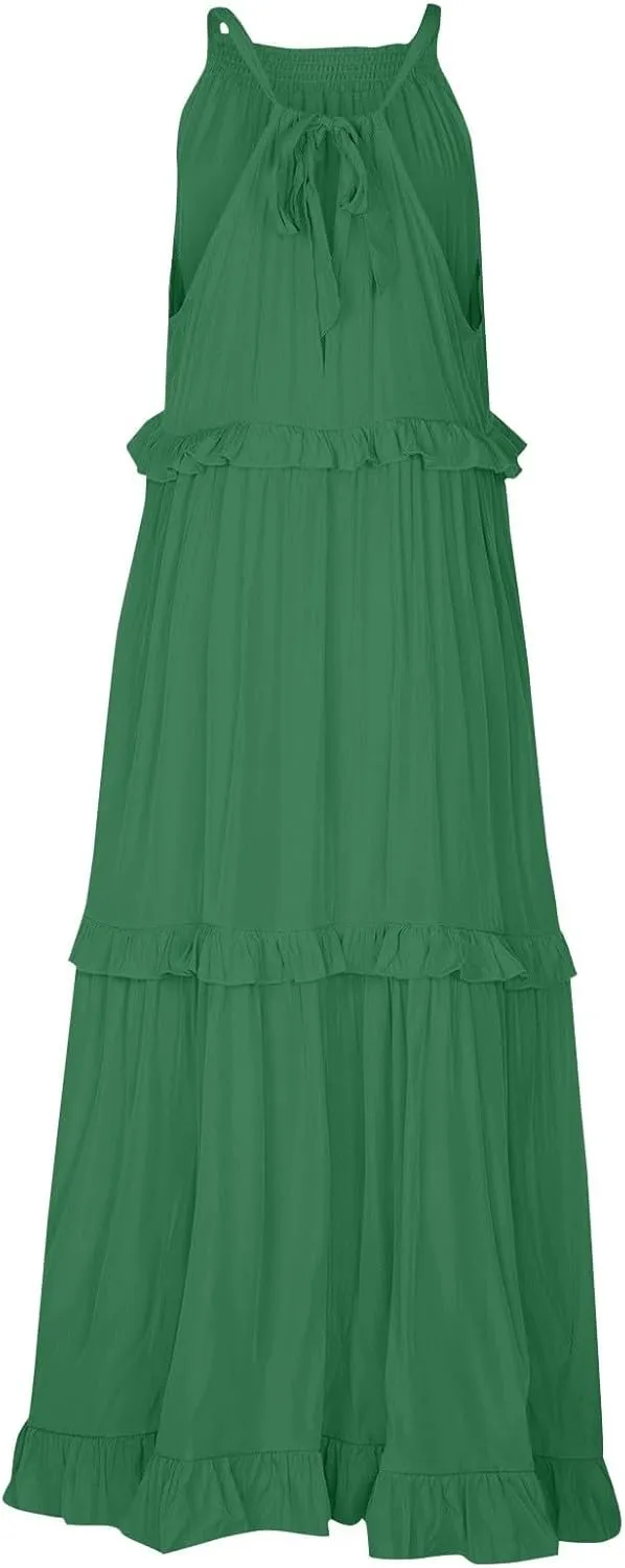 Maxi Dresses for Women 2025 Vacation Halter Neck Tie Sleeveless Tiered Ruffle Dress Babydoll Loose Swing Beach Sundress