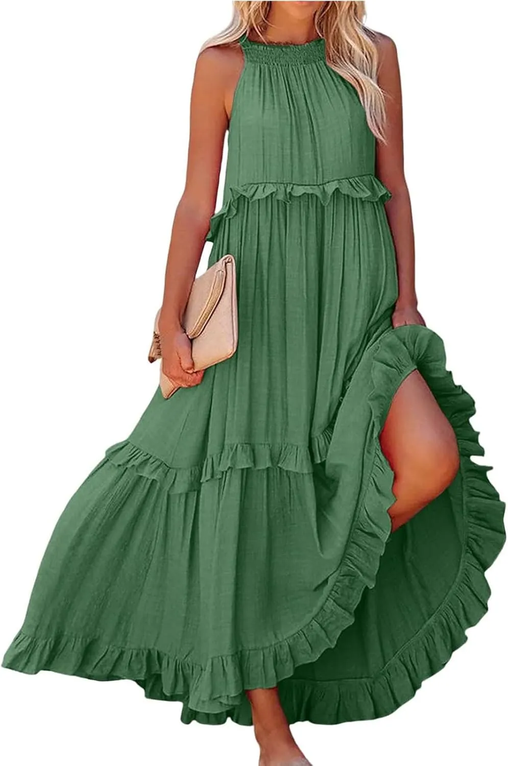 Maxi Dresses for Women 2025 Vacation Halter Neck Tie Sleeveless Tiered Ruffle Dress Babydoll Loose Swing Beach Sundress