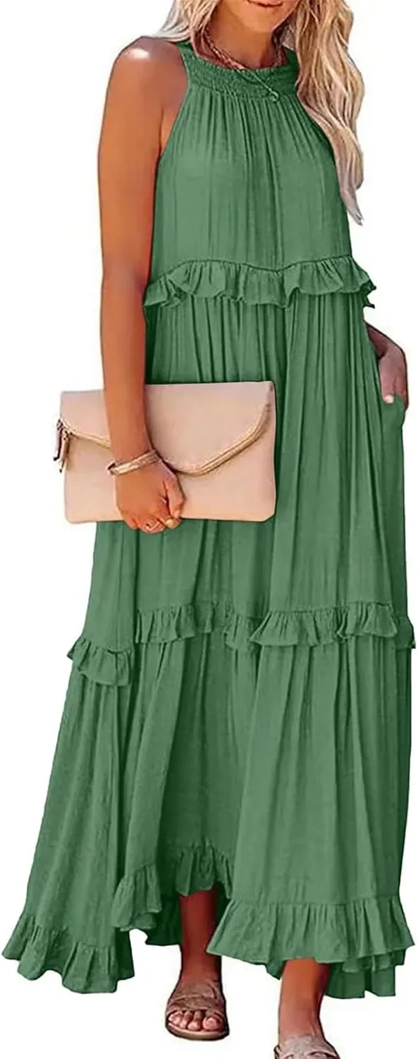 Maxi Dresses for Women 2025 Vacation Halter Neck Tie Sleeveless Tiered Ruffle Dress Babydoll Loose Swing Beach Sundress