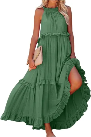 Maxi Dresses for Women 2025 Vacation Halter Neck Tie Sleeveless Tiered Ruffle Dress Babydoll Loose Swing Beach Sundress