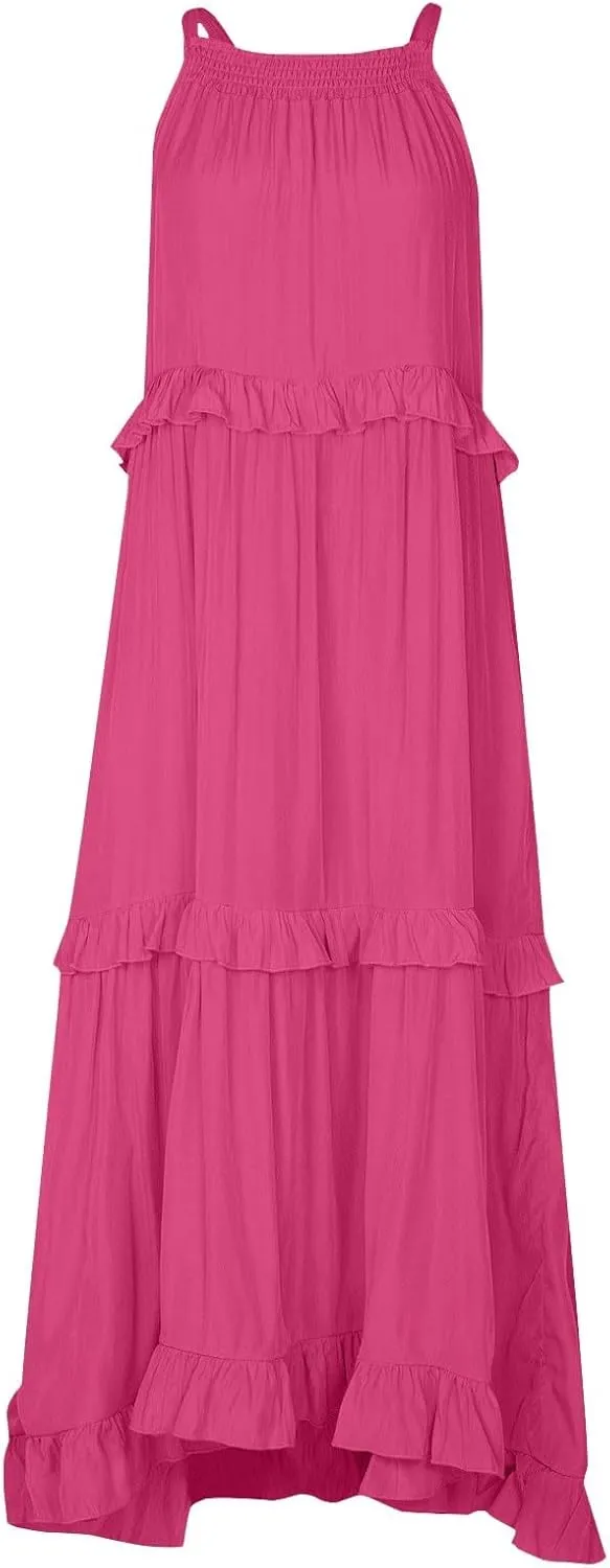 Maxi Dresses for Women 2025 Vacation Halter Neck Tie Sleeveless Tiered Ruffle Dress Babydoll Loose Swing Beach Sundress
