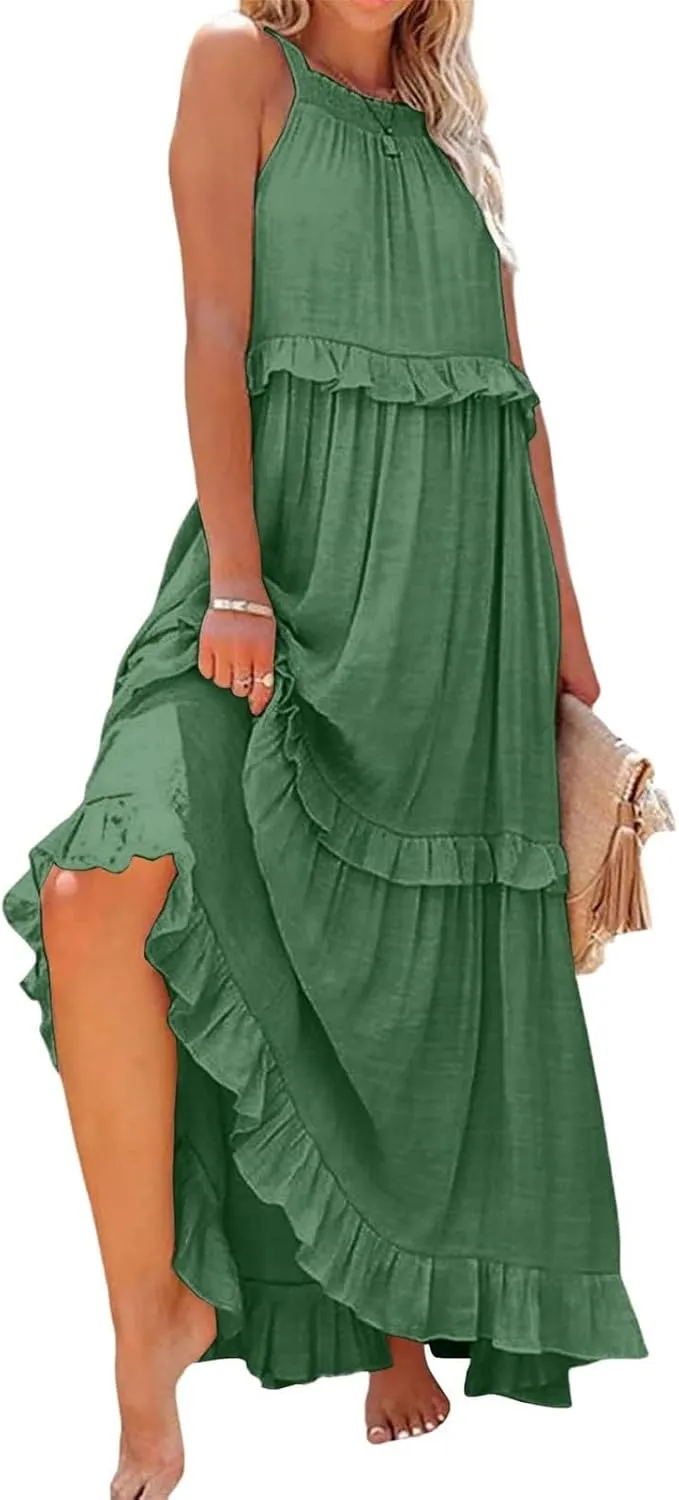 Maxi Dresses for Women 2025 Vacation Halter Neck Tie Sleeveless Tiered Ruffle Dress Babydoll Loose Swing Beach Sundress