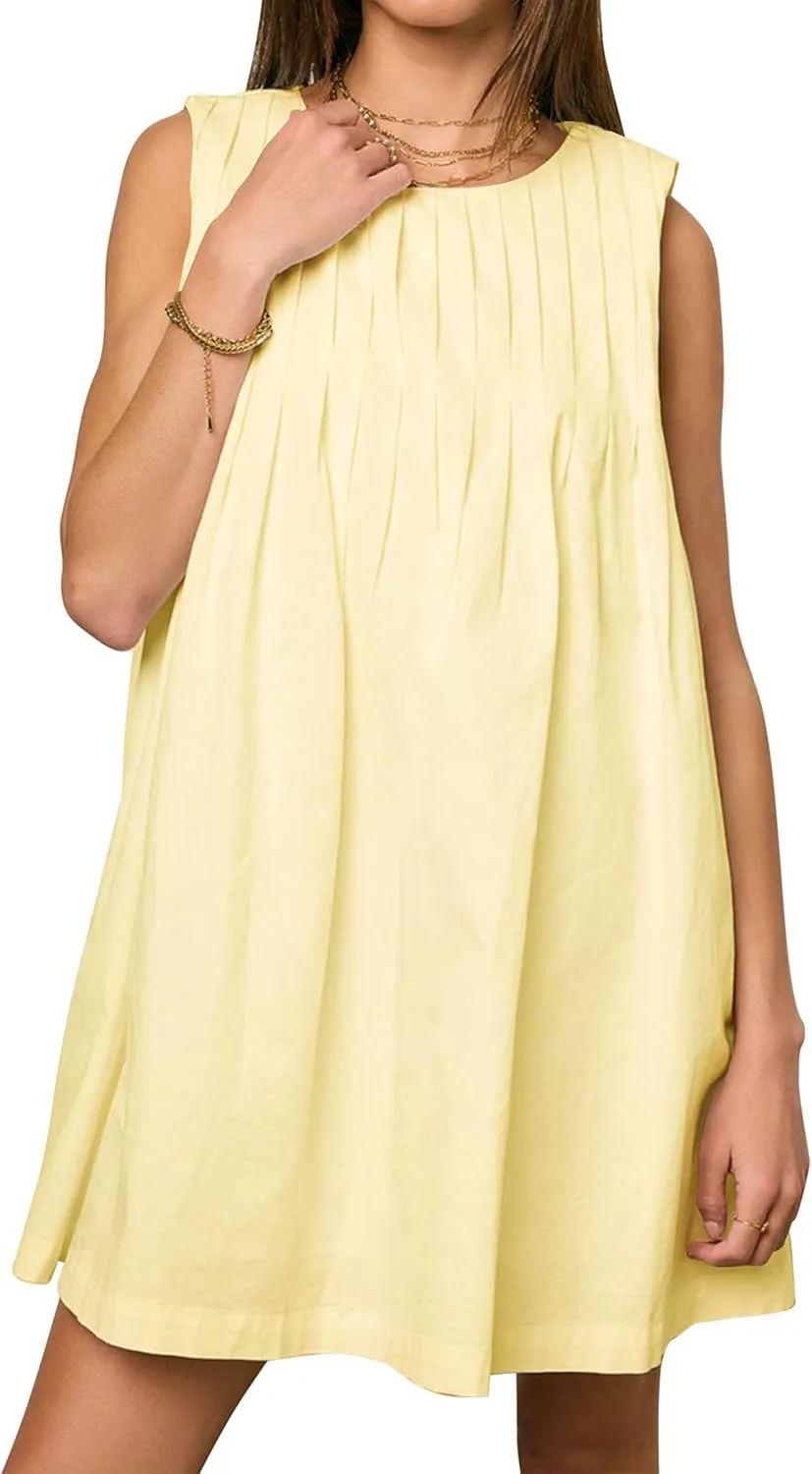 Meladyan Women's Sleeveless Babydoll Mini Dress Crewneck Pleated Loose Swing Tank Dresses Summer Beach Sundress