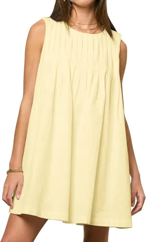 Meladyan Women's Sleeveless Babydoll Mini Dress Crewneck Pleated Loose Swing Tank Dresses Summer Beach Sundress