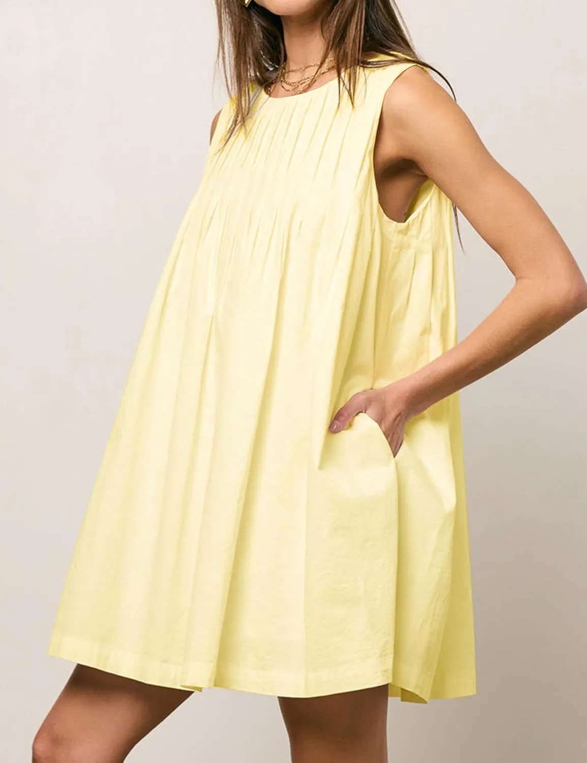 Meladyan Women's Sleeveless Babydoll Mini Dress Crewneck Pleated Loose Swing Tank Dresses Summer Beach Sundress