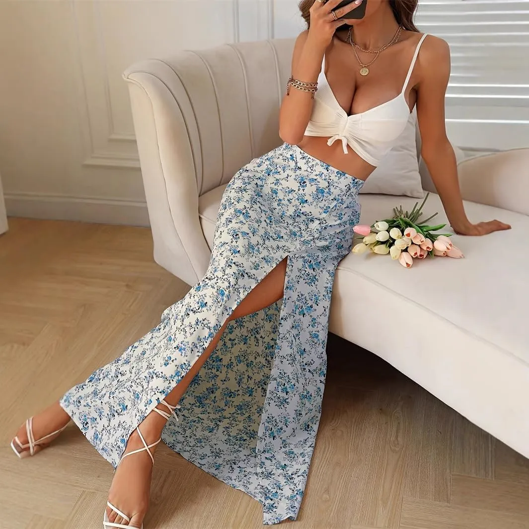 Melliflo Women's Ditsy Floral Maxi Skirt Bohemian High Waisted Wrap Long Skirts Trendy Side Slit A Line Flowy Skirt 2025