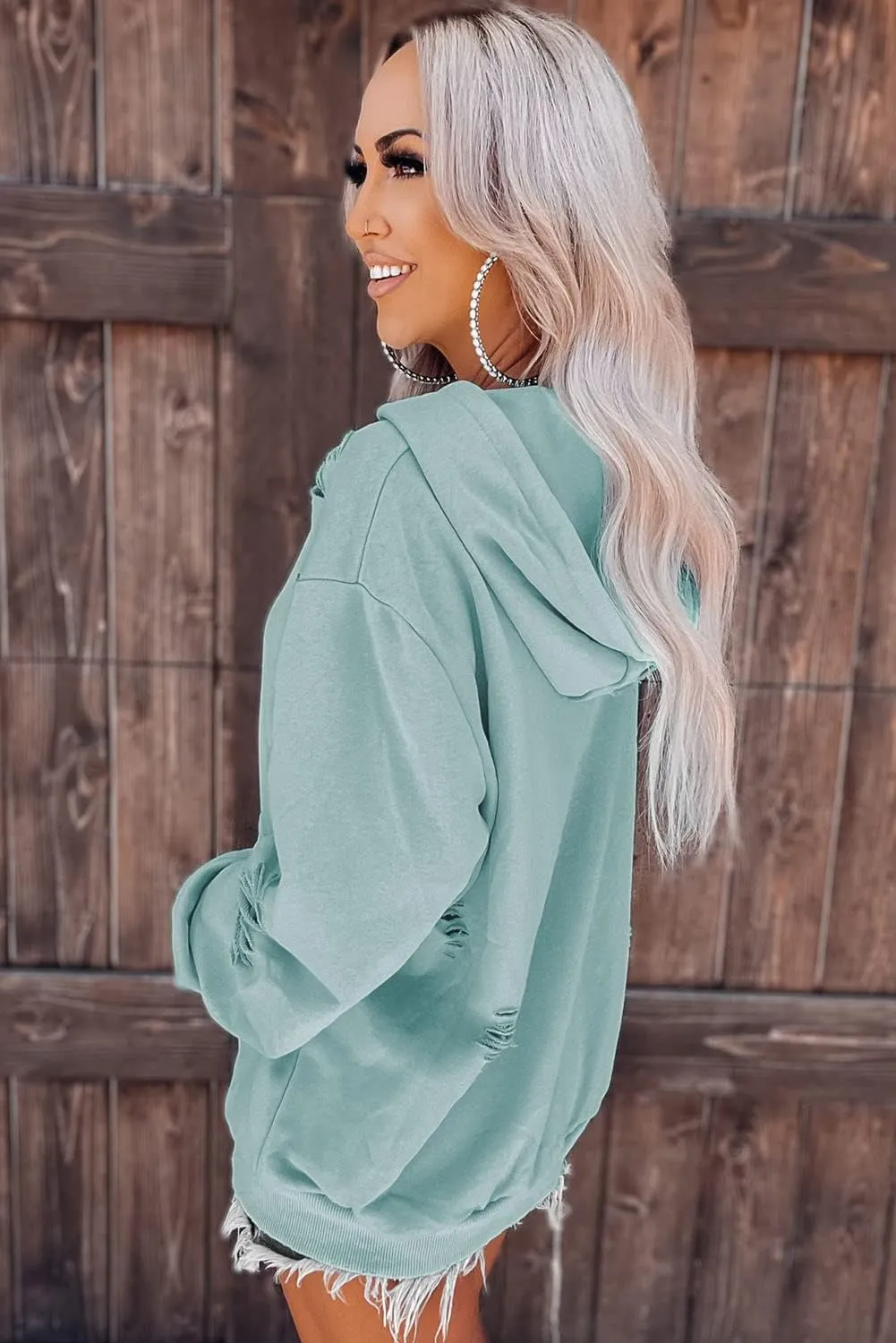 Melliflo Women's Oversized Ripped Sweatshirt Distressed Hooded Pullover Sweatshirts Solid Loose Trendy Hoodies Fall Tops