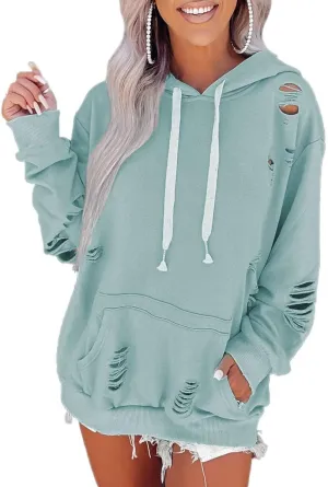 Melliflo Women's Oversized Ripped Sweatshirt Distressed Hooded Pullover Sweatshirts Solid Loose Trendy Hoodies Fall Tops