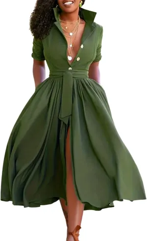 Melliflo Womens Plus Size V Neck Midi Dresses 3/4 Sleeve with Belt Pockets Casual A Line Summer Swing Dress