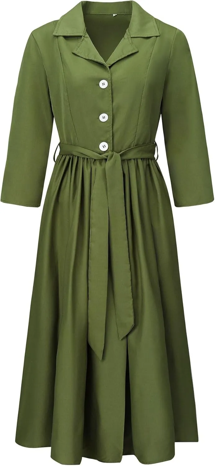 Melliflo Womens Plus Size V Neck Midi Dresses 3/4 Sleeve with Belt Pockets Casual A Line Summer Swing Dress