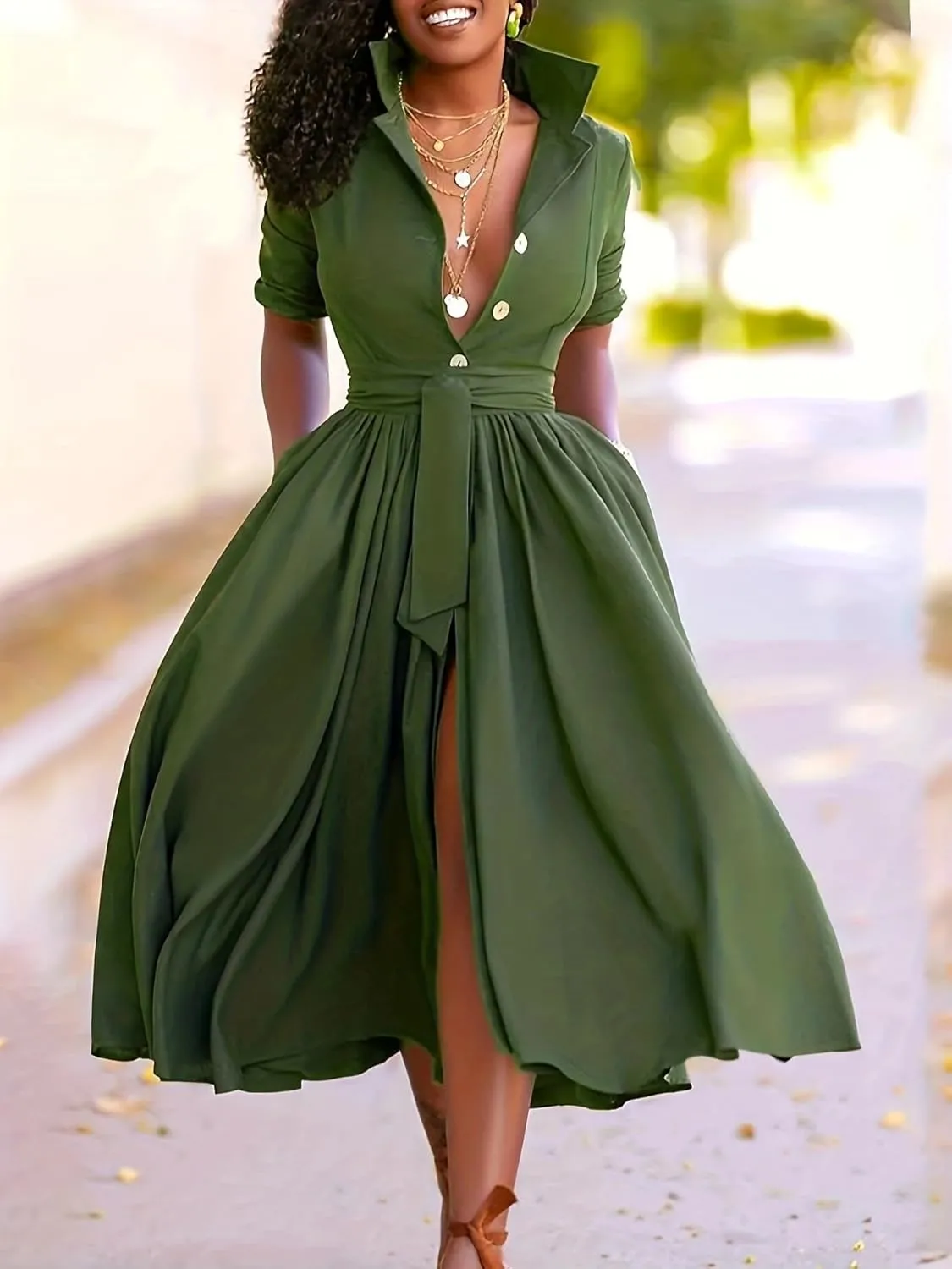 Melliflo Womens Plus Size V Neck Midi Dresses 3/4 Sleeve with Belt Pockets Casual A Line Summer Swing Dress