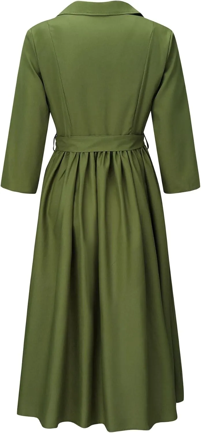 Melliflo Womens Plus Size V Neck Midi Dresses 3/4 Sleeve with Belt Pockets Casual A Line Summer Swing Dress