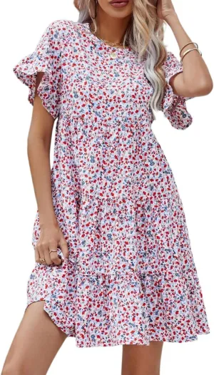 Melliflo Womens Summer Dresses Casual Short Sleeve Crewneck Ruffle Floral Print Dress Mini Dress