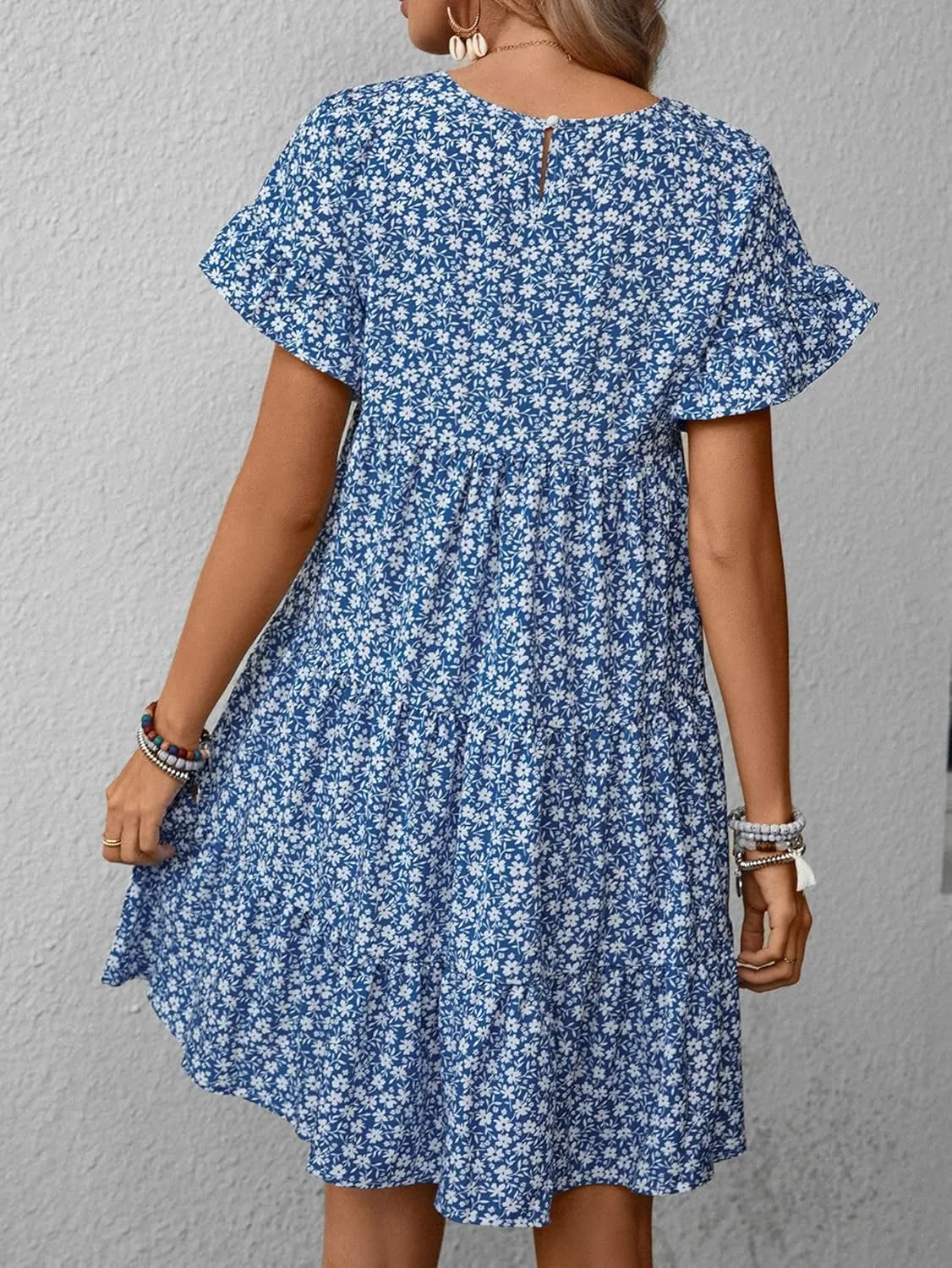 Melliflo Womens Summer Dresses Casual Short Sleeve Crewneck Ruffle Floral Print Dress Mini Dress