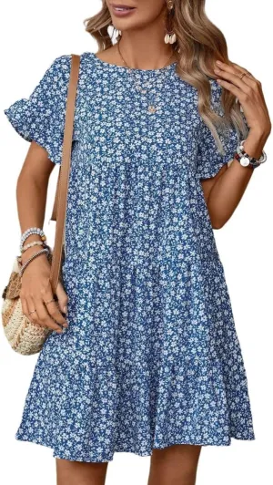 Melliflo Womens Summer Dresses Casual Short Sleeve Crewneck Ruffle Floral Print Dress Mini Dress