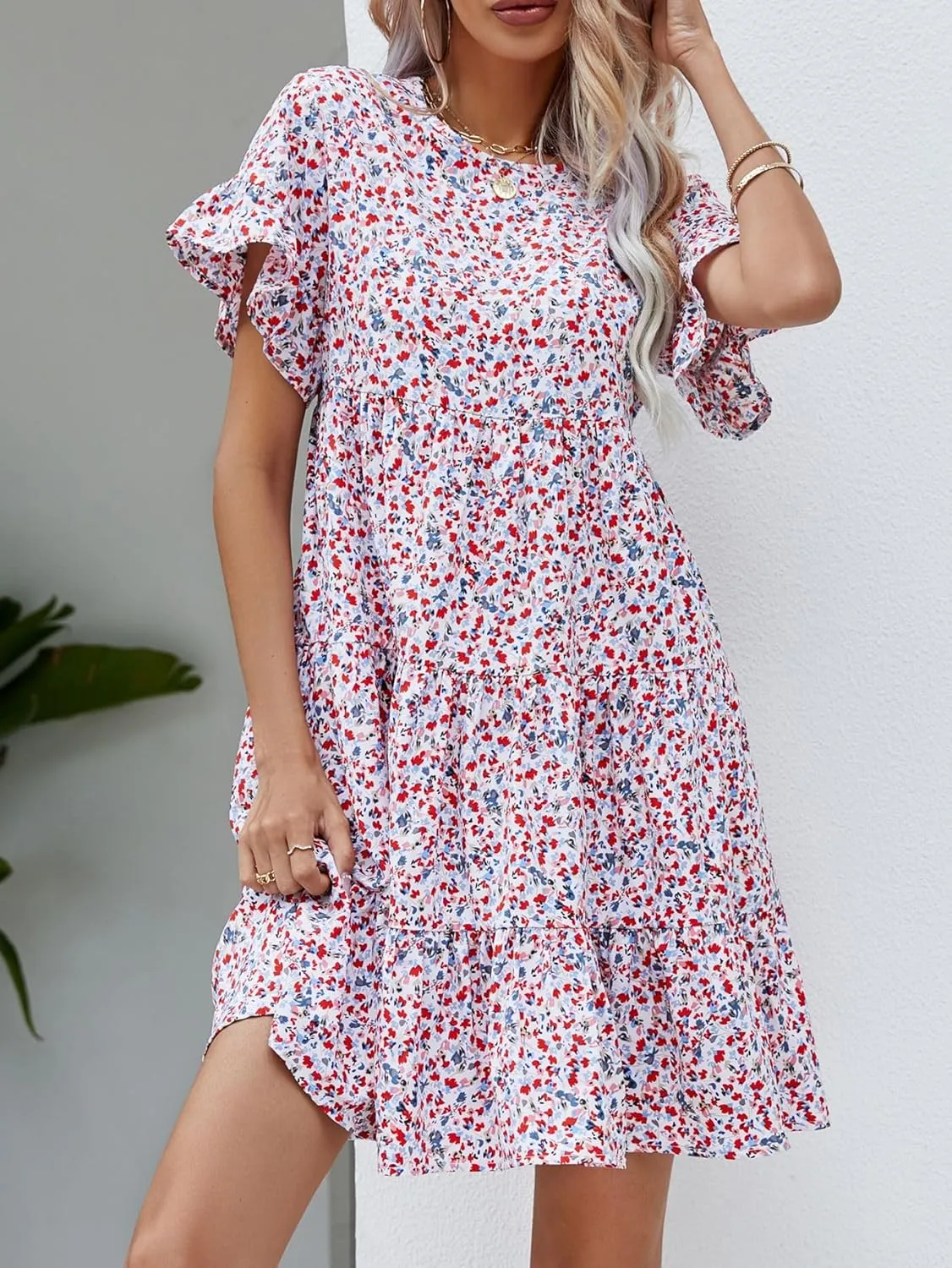 Melliflo Womens Summer Dresses Casual Short Sleeve Crewneck Ruffle Floral Print Dress Mini Dress