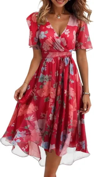 Midi Dresses for Women 2025,Womens Spring Dress Wrap Flowy Wedding Guest Prom Summer Sexy Dresses Floral Chiffon