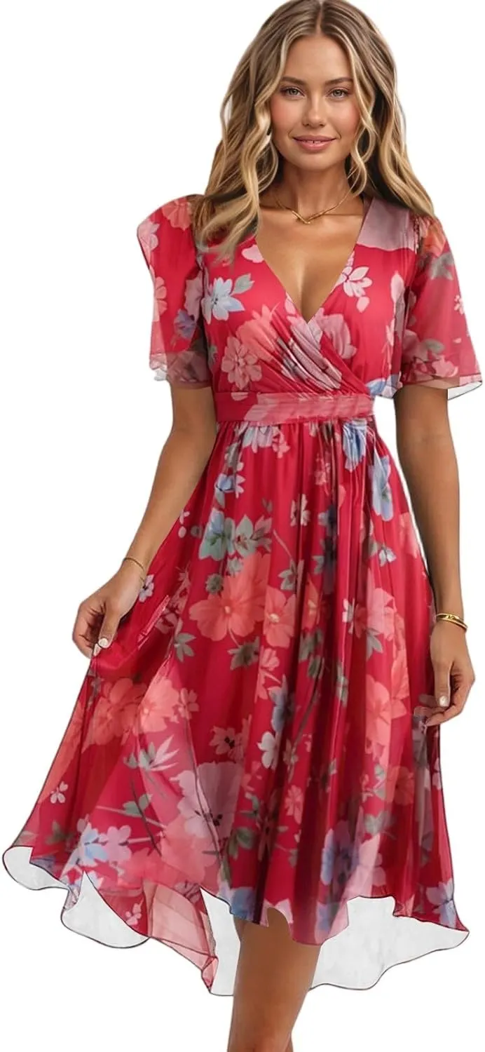 Midi Dresses for Women 2025,Womens Spring Dress Wrap Flowy Wedding Guest Prom Summer Sexy Dresses Floral Chiffon