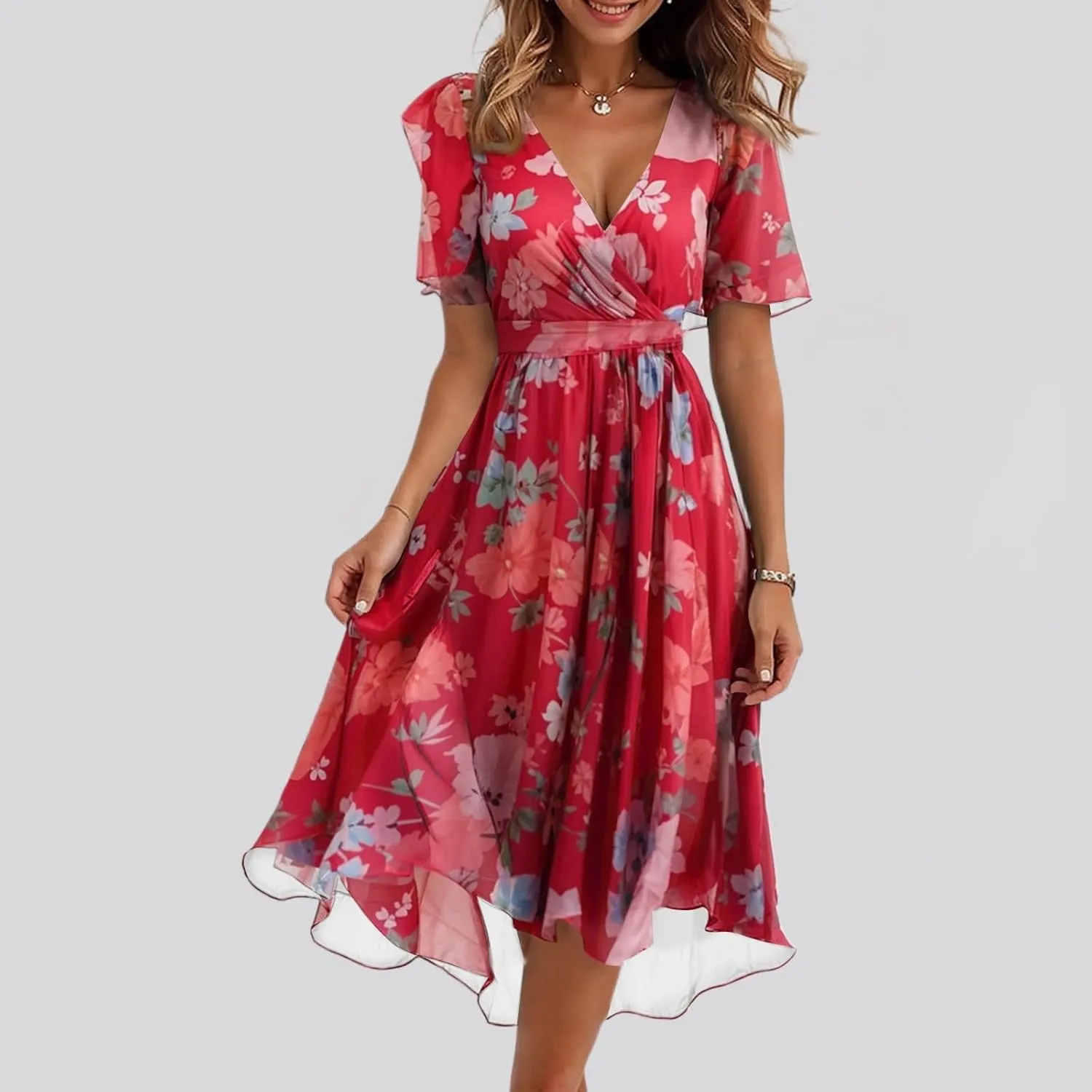 Midi Dresses for Women 2025,Womens Spring Dress Wrap Flowy Wedding Guest Prom Summer Sexy Dresses Floral Chiffon
