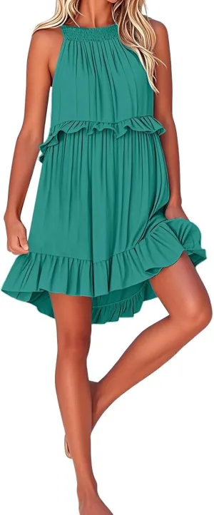 Mini Dress for Women 2025 Summer Boho Sleeveless Ruffle Halter Neck Flowy Beach Vacation Tiered Loose Country Sundresses
