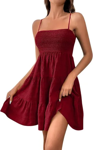 Mini Sundresses for Women Smocked Square Neck Spaghetti Strap Skater Dress Summer Loose Comfy Tiered Ruffle DressWine,Small