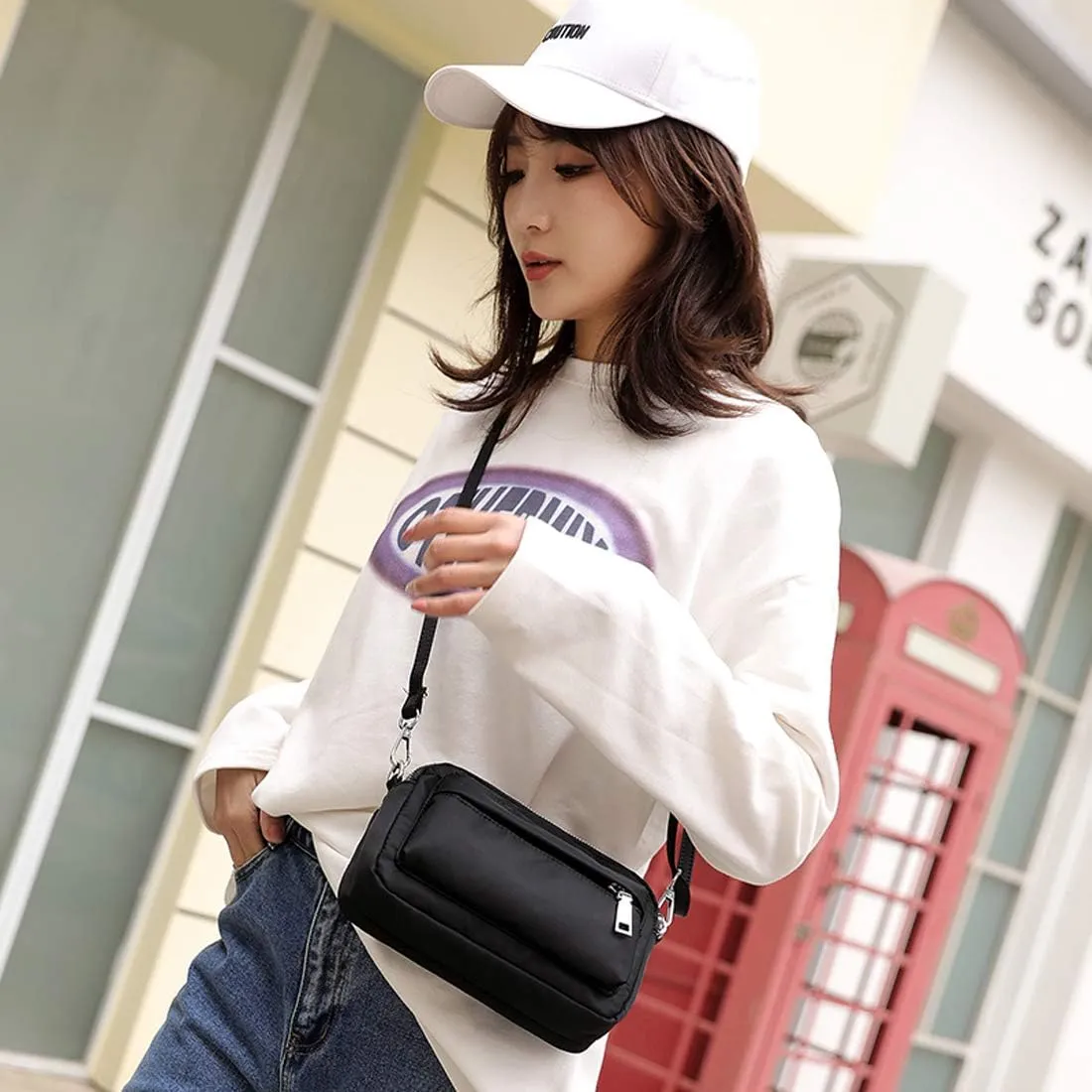 Multi-Zipper Crossbody Handbag Purse, Women's Nylon Wristlet Mini Crossbody Bag Clutch with 2 Straps