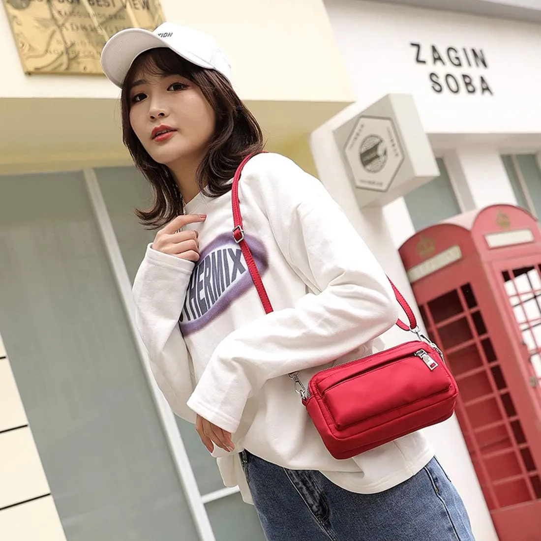 Multi-Zipper Crossbody Handbag Purse, Women's Nylon Wristlet Mini Crossbody Bag Clutch with 2 Straps