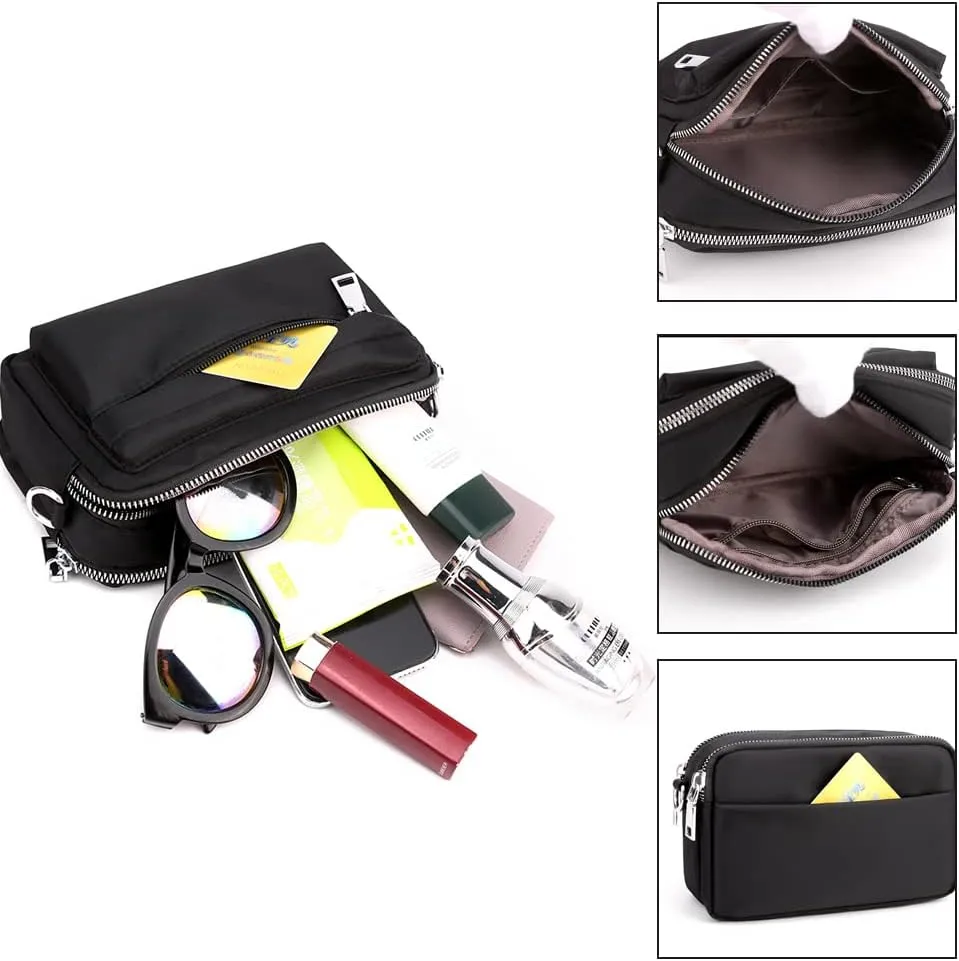 Multi-Zipper Crossbody Handbag Purse, Women's Nylon Wristlet Mini Crossbody Bag Clutch with 2 Straps
