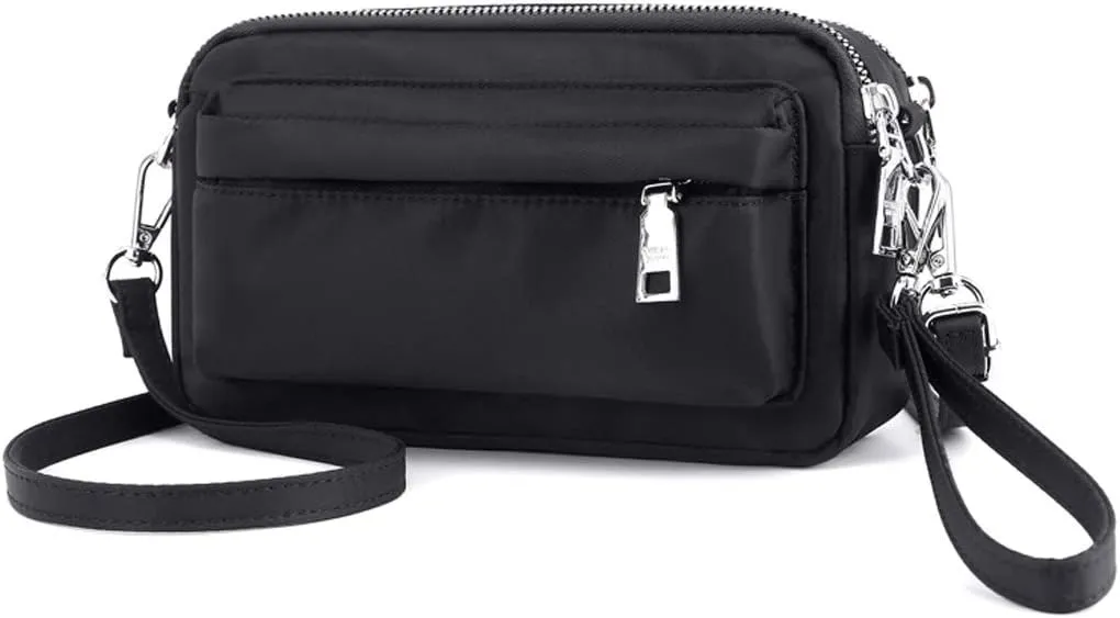 Multi-Zipper Crossbody Handbag Purse, Women's Nylon Wristlet Mini Crossbody Bag Clutch with 2 Straps