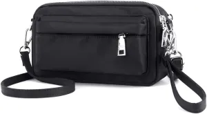 Multi-Zipper Crossbody Handbag Purse, Women's Nylon Wristlet Mini Crossbody Bag Clutch with 2 Straps