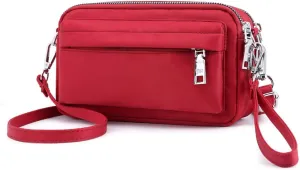 Multi-Zipper Crossbody Handbag Purse, Women's Nylon Wristlet Mini Crossbody Bag Clutch with 2 Straps